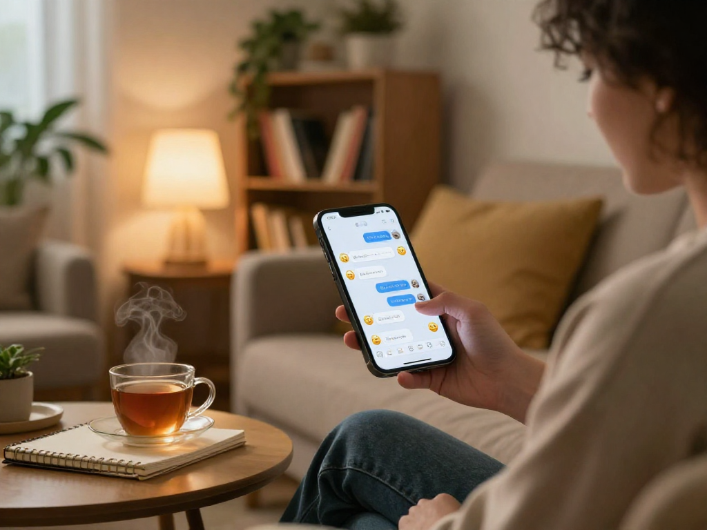 Engaging in a sex chat ai interaction on a smartphone in a cozy living room.