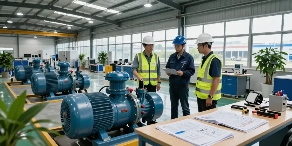 Instalación de bombas KSB Venezuela en fábrica con ingenieros revisando equipos