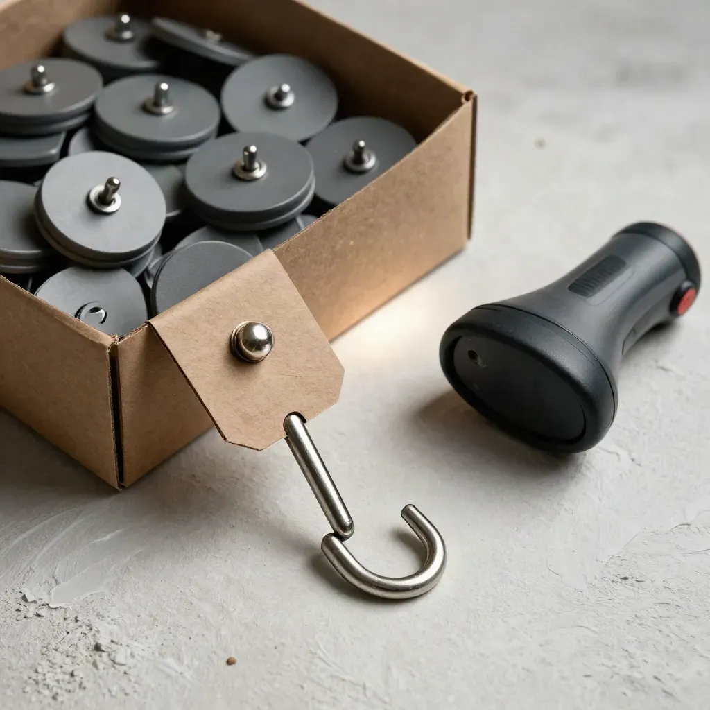 Top-down still life of retail security pucks, peg hooks, carrier handle and scanner on pale plaster.