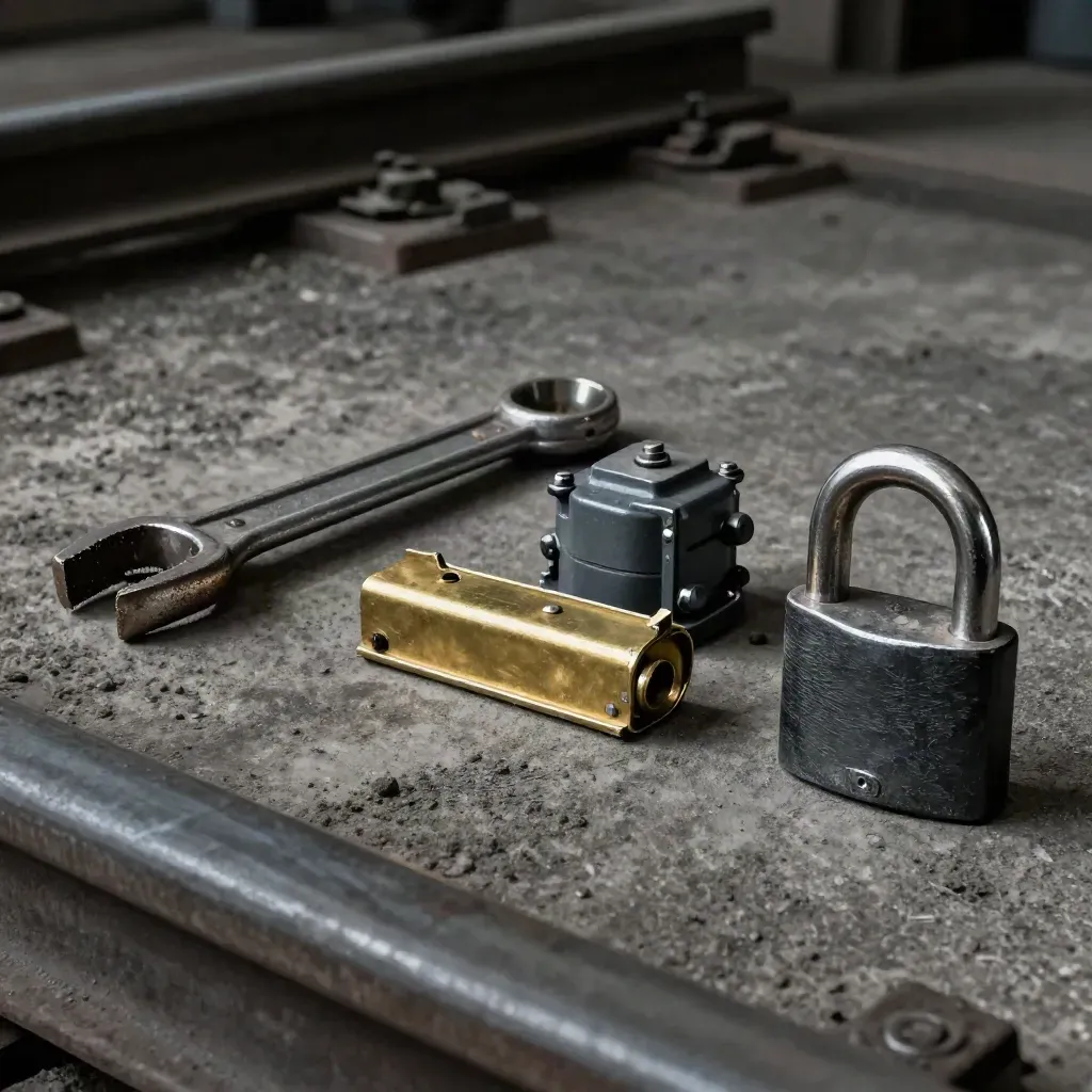 Rail inspection tools and components arranged on dark concrete in dramatic studio light.