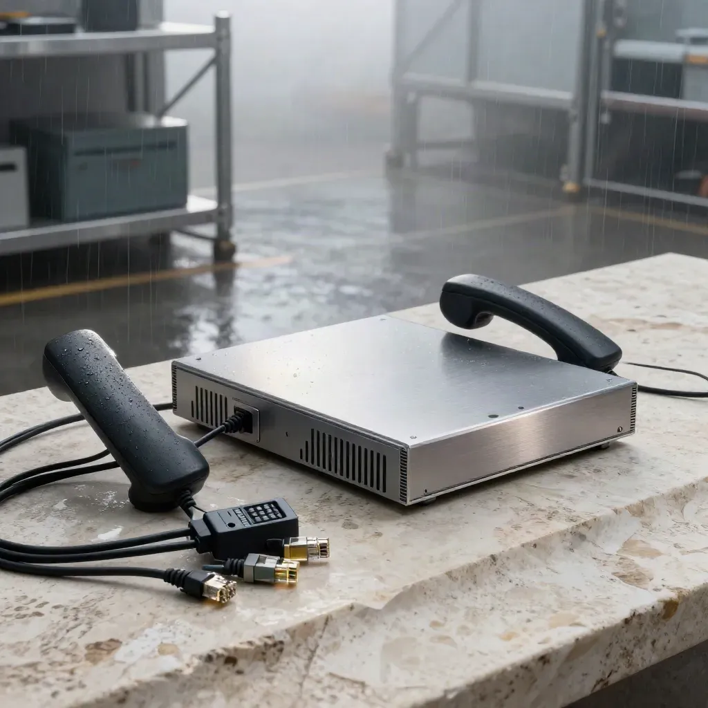 SIP gateway, handsets, tester and patch leads on pale stone in misty dawn rain.