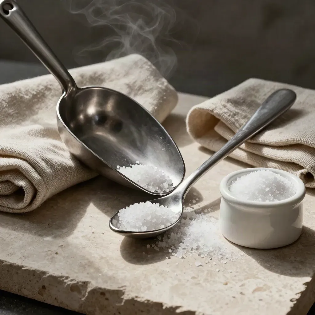 Steel scoop, tasting spoon, linen wrap, and salt crock on pale stone with warm steam haze.