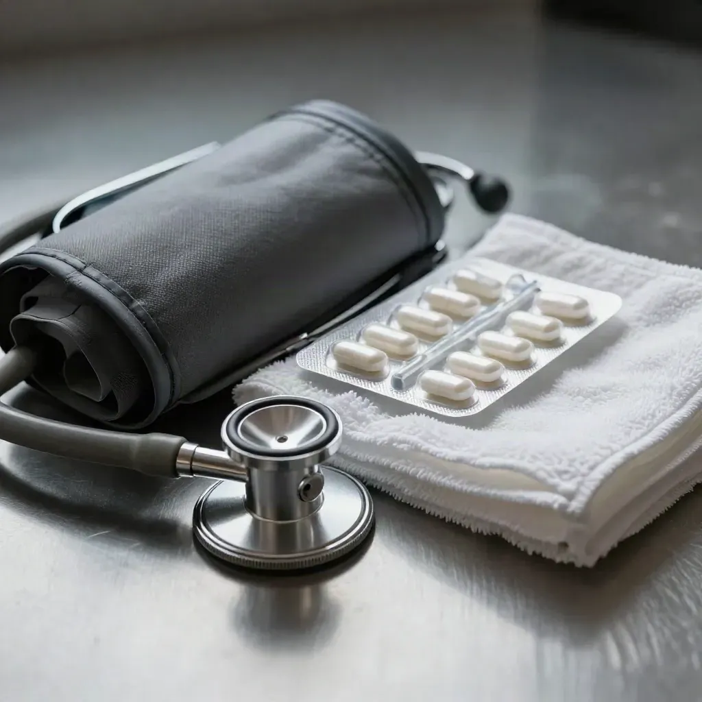 Macro still life of medical tools on brushed steel: stethoscope, cuff, pill organiser and folded towel