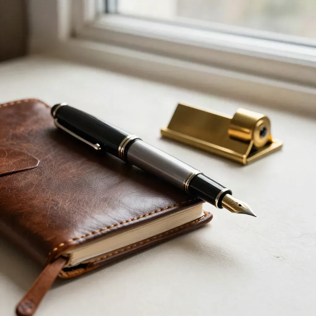Macro still life of pen, leather notebook, brass paperweight and card holder on pale plaster.