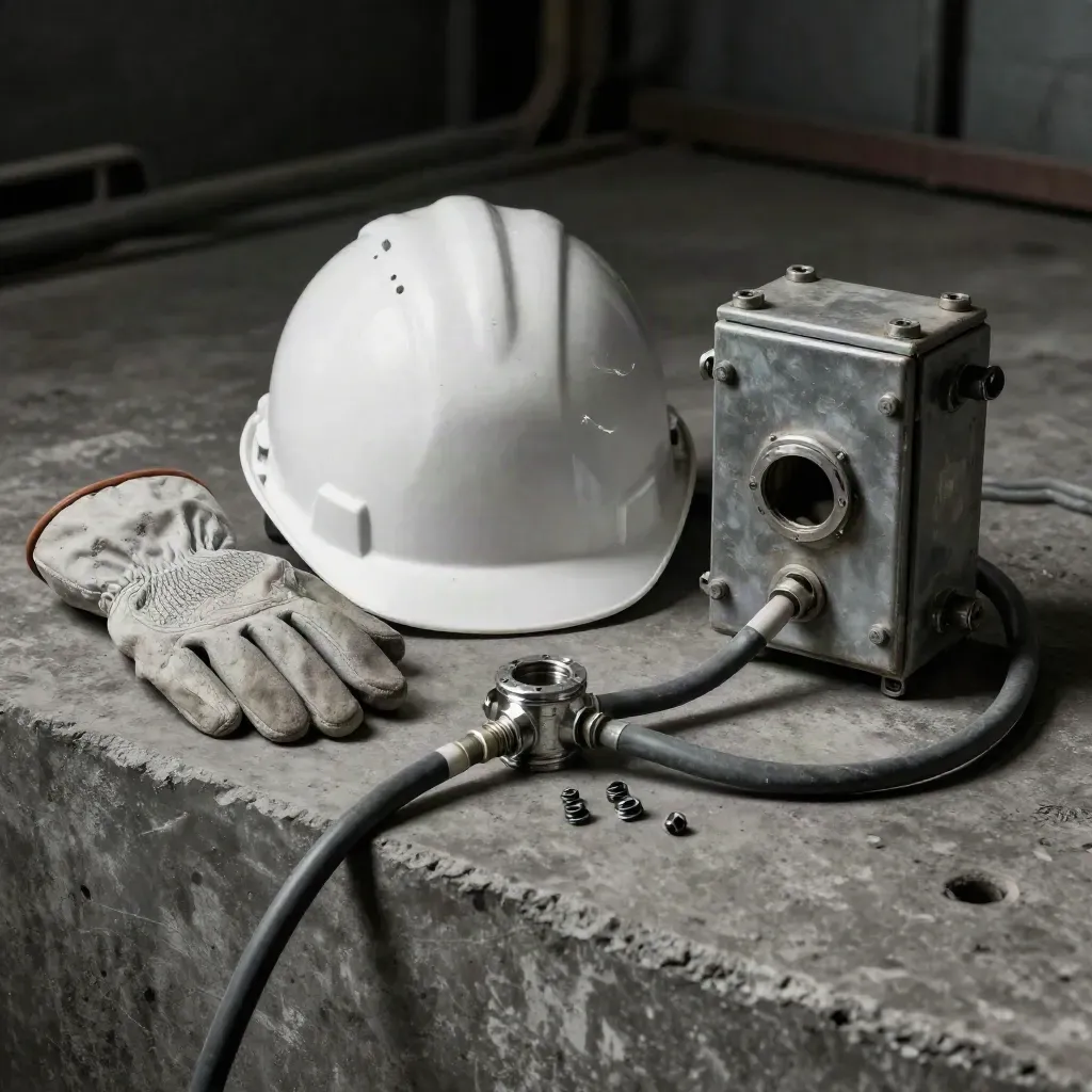 Hard hat, insulated gloves, cable gland and junction box on a concrete plinth in moody workshop light.