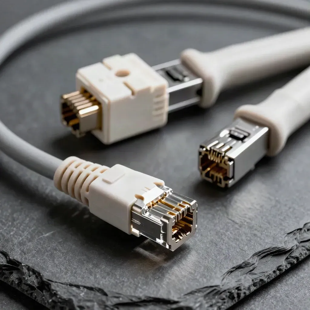RJ45 plug, punch-down tool and cable loop beside a connector block in macro