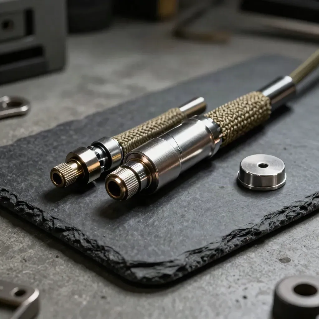 Fibre coupler, braided patch lead and blanking cap on graphite in dramatic studio light.