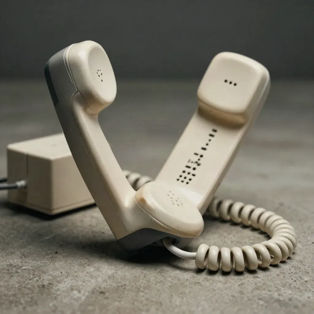 Macro of a VoIP handset, coiled cord and adapter box on matte concrete under raking light.