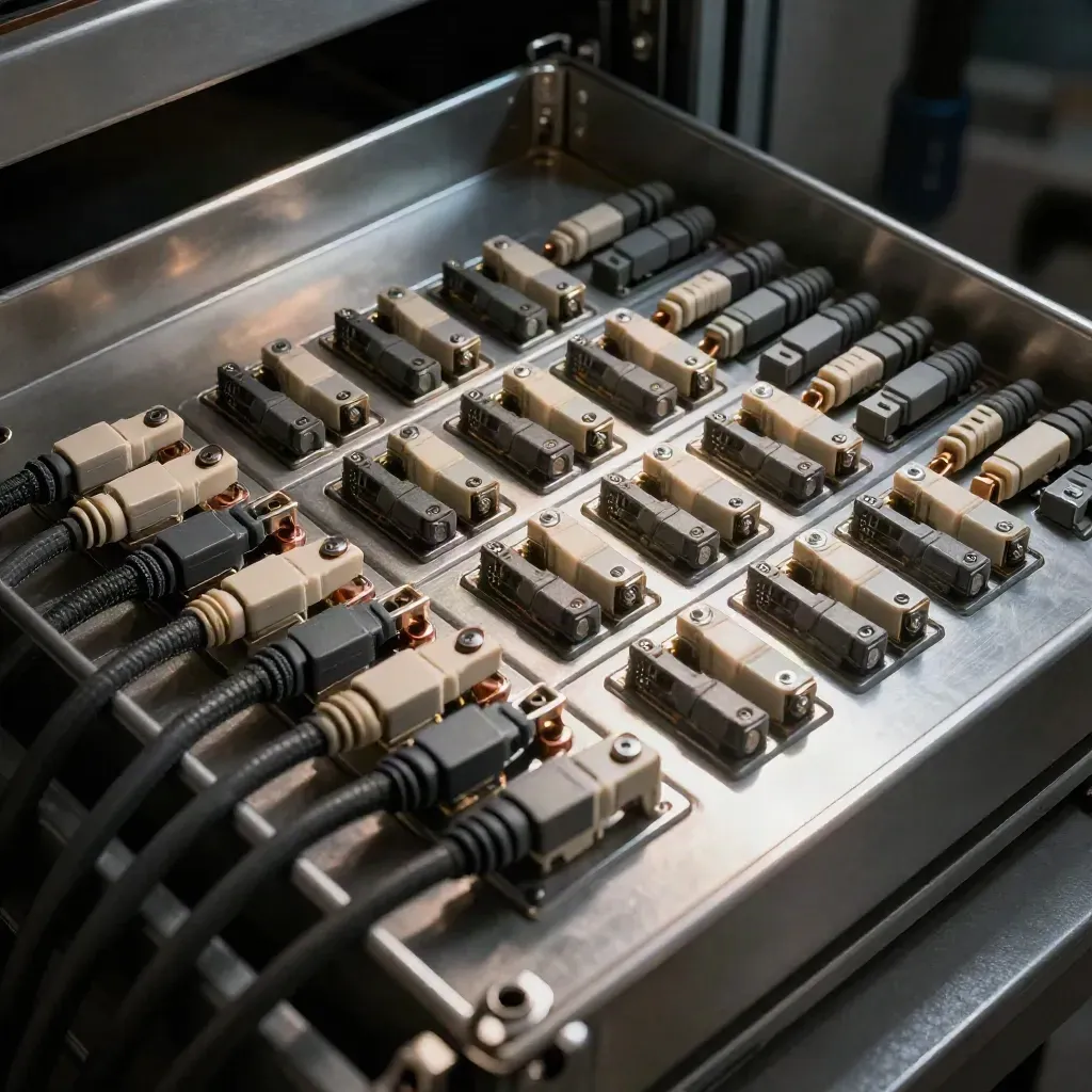 Top-down telecom hardware still life with patch matrix, terminal blocks and cable combs.