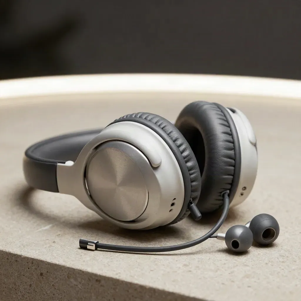 Macro headset on base with spare earpiece and cable clip on pale stone.