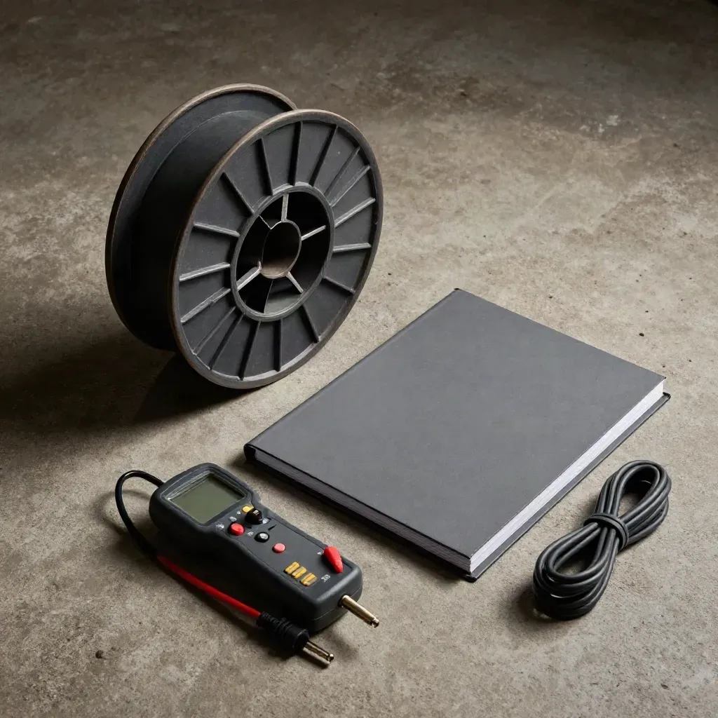 Sealed cable reel, closed binder and line tester on concrete in dramatic overhead light.