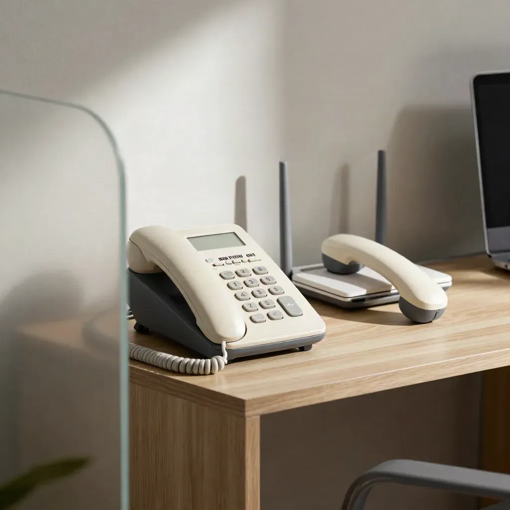 Desk phone, router and cordless handset on a shelf, seen through a frosted divider.