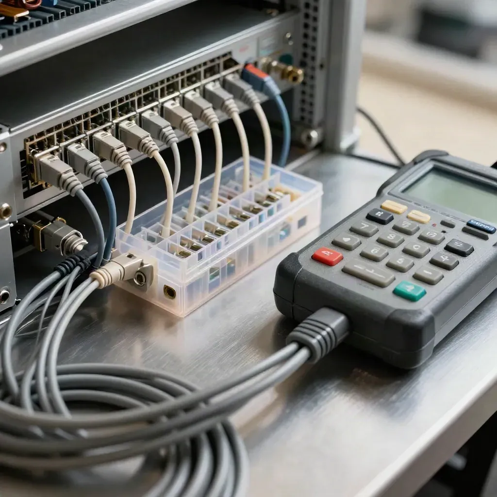 Overhead telecom audit still life with fibre leads, splice tray, and test gear