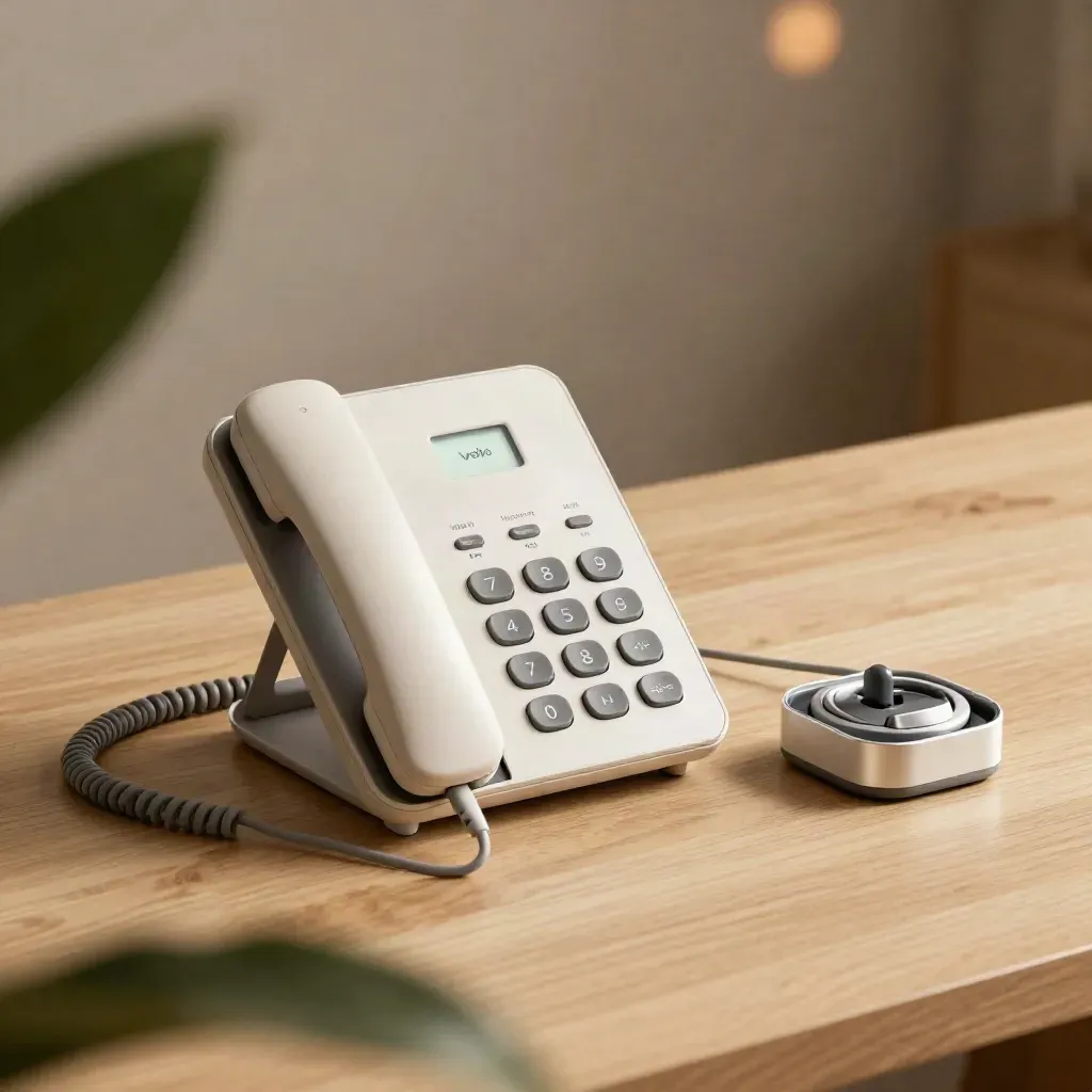 Headset, desk phone and charging dock on pale wood, framed by a blurred leaf