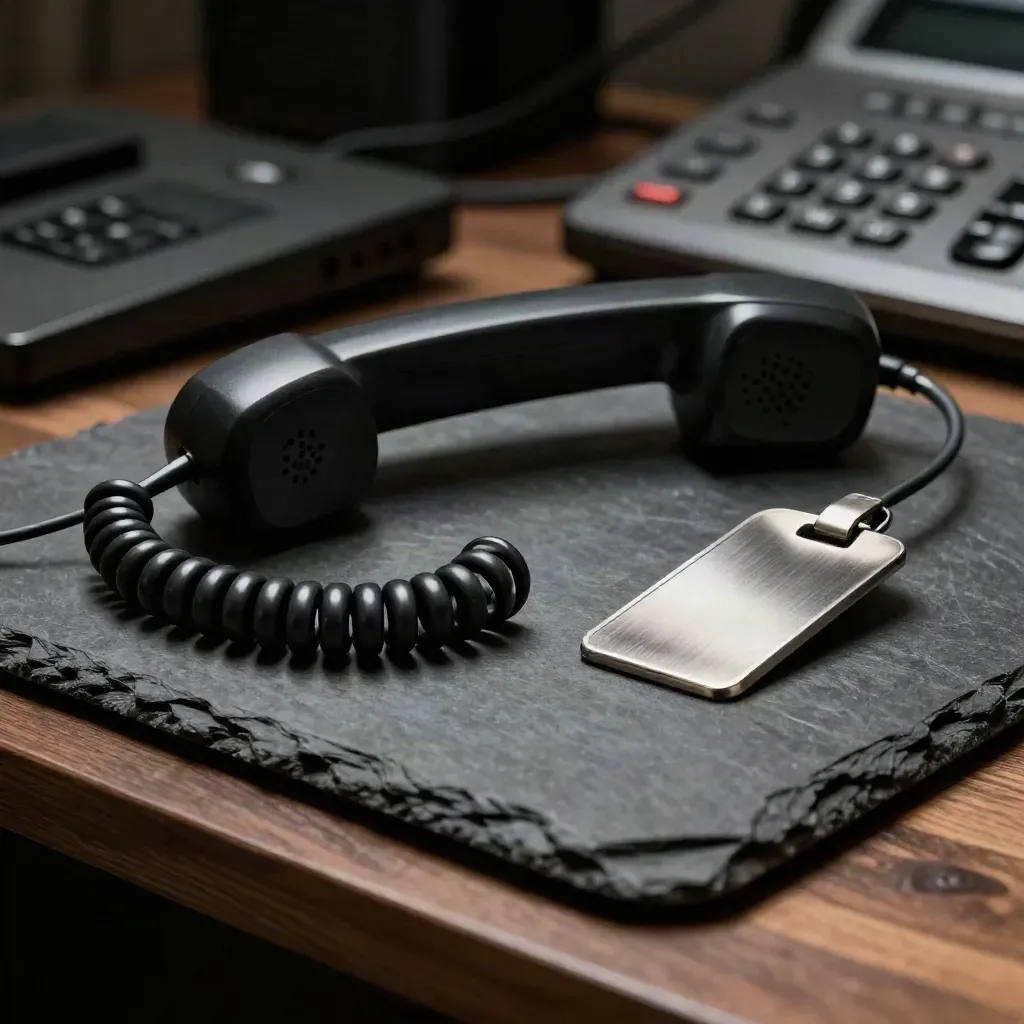 Coiled handset cord, closed porting folder and metal cable tag on dark slate stone.