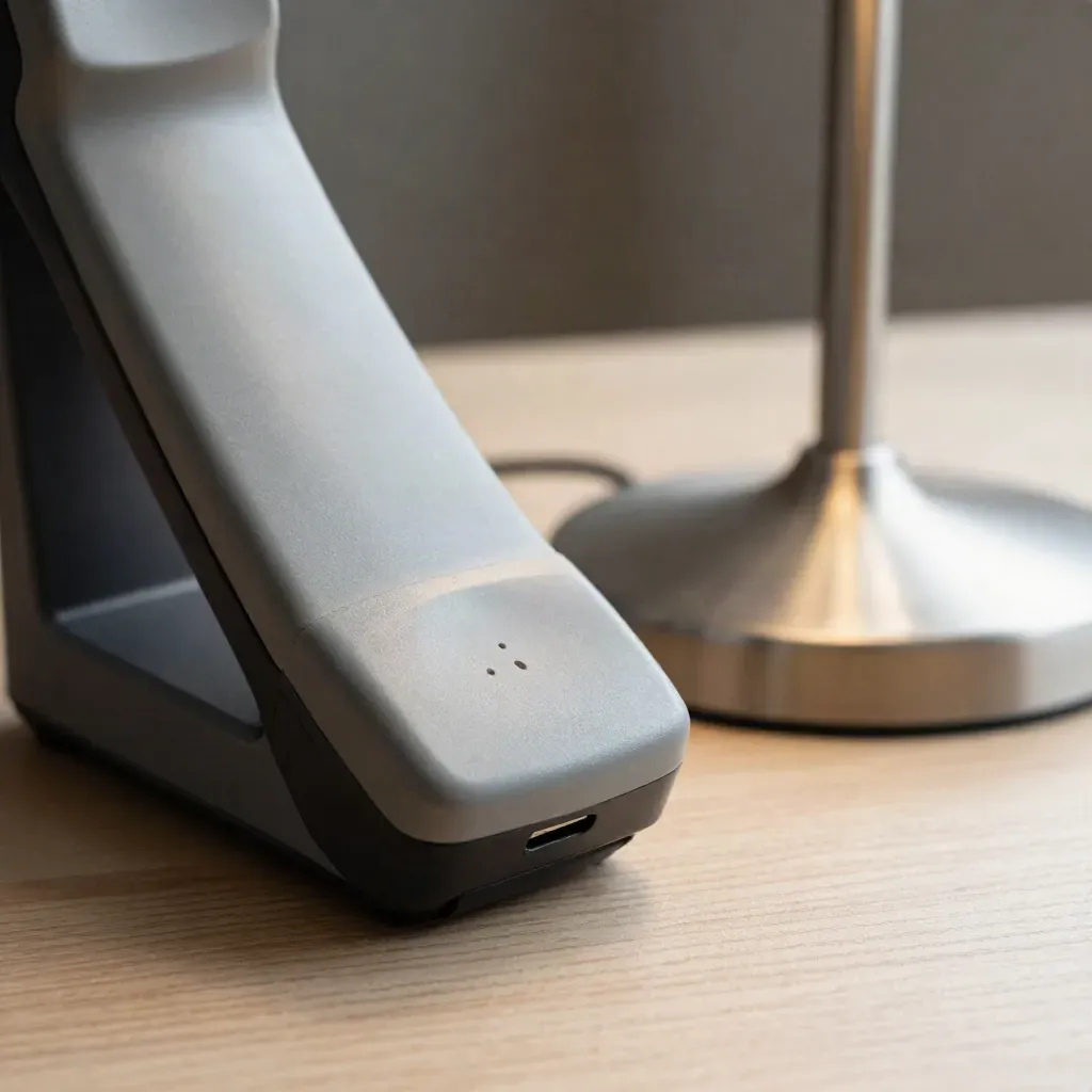 Cordless handset and charging base on pale wood beside a lamp foot in soft home light