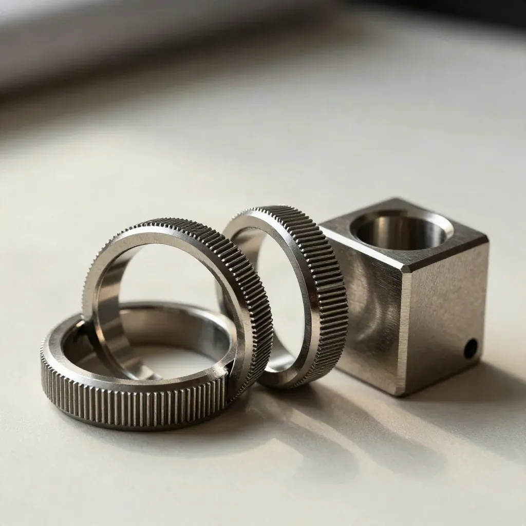 Linked telecom connector rings and block on brushed metal in a premium macro still life.