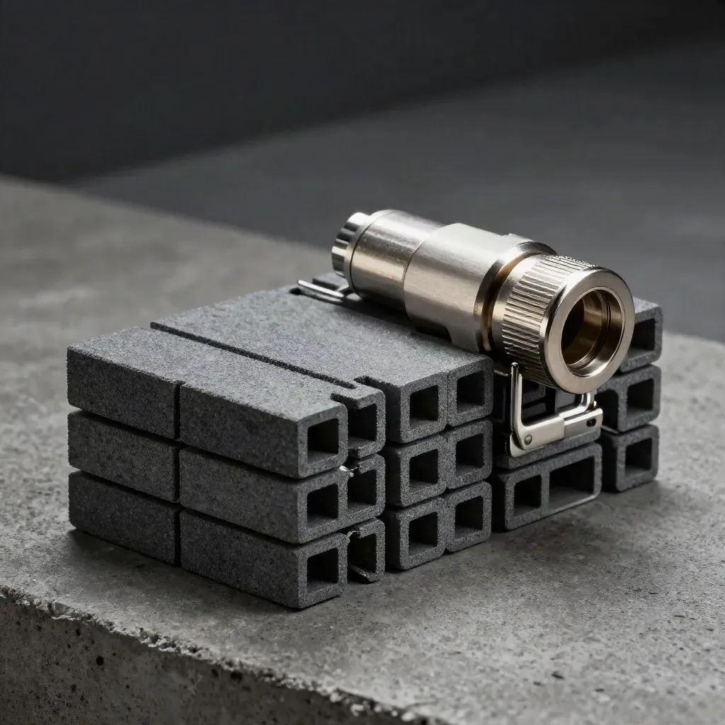 Graphite modular blocks and a metal connector on dark concrete, lit in a dramatic diagonal still life.