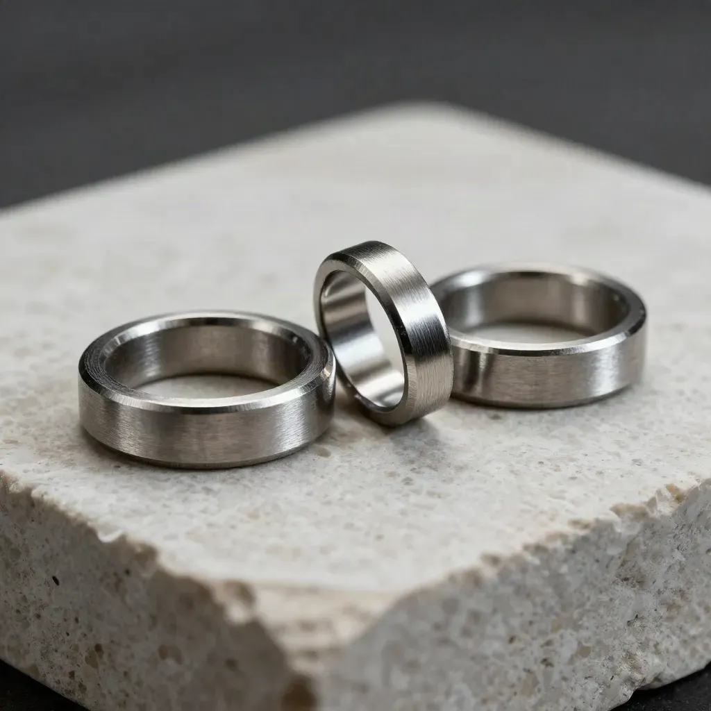Brushed metal telecom rings, coupler sleeve and spacer on pale stone in soft macro light.