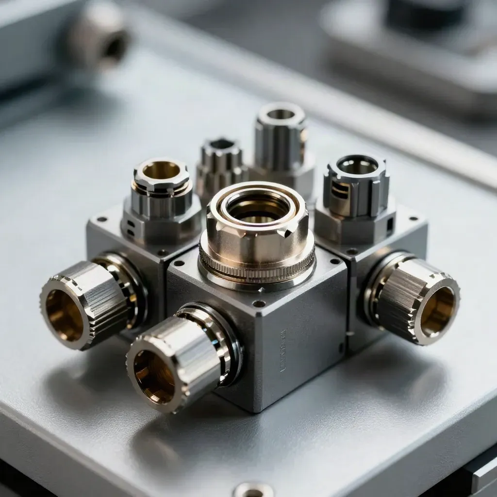 Close-up of telecom connectors and a junction block on brushed steel.