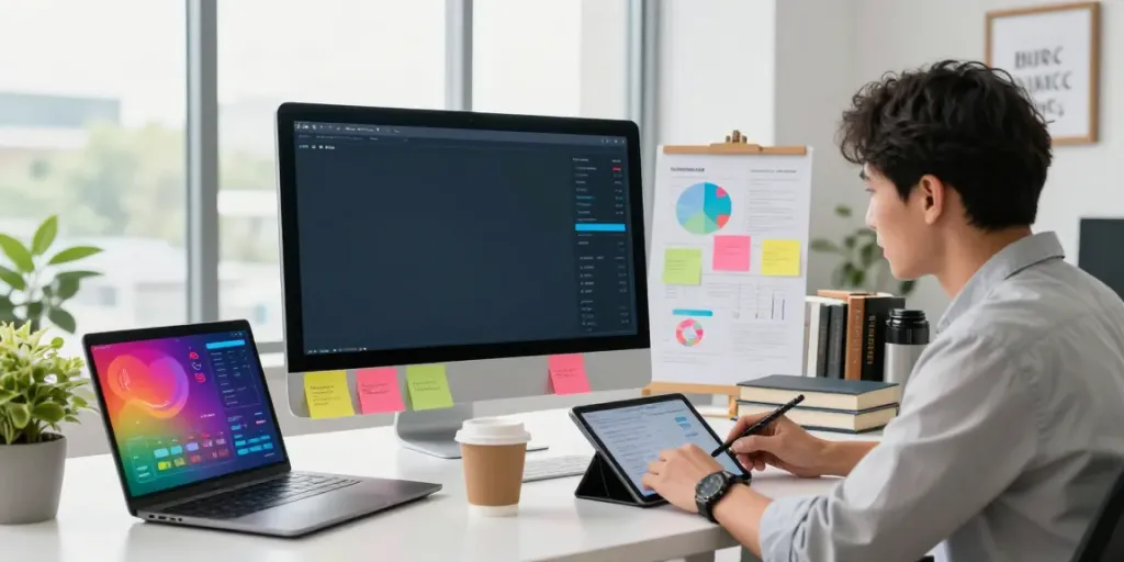 Marketing strategist examining campaign metrics in a vibrant office, check it out performance data visualized on screen.